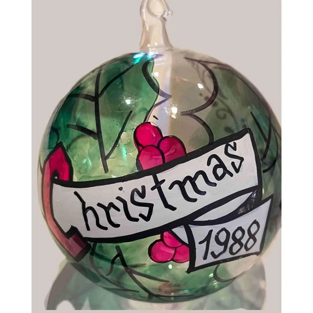 Christmas Ball Berry Ornament Italy Hand Painted Mouth Blown Glass Vintage 1989